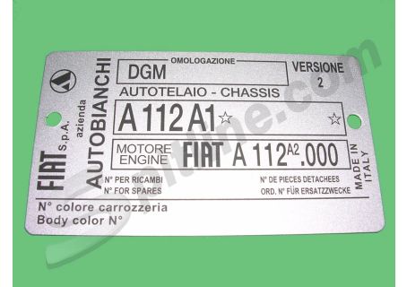 Targhetta identificativa dati Autobianchi A112 Abarth 70HP 3^ serie  (Telaio A112A1 Motore Fiat A112 A2.000)