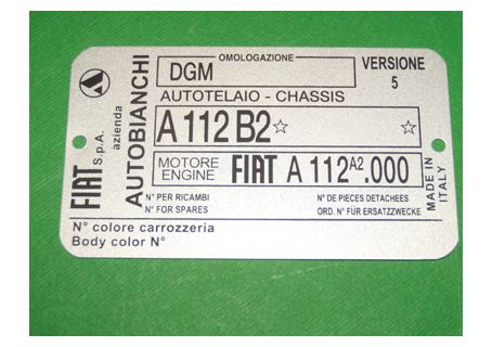 Targhetta identificativa dati Autobianchi A112 Abarth 5^ serie (solo 1979) Telaio A112B2 Motore Fiat A112 A2.000