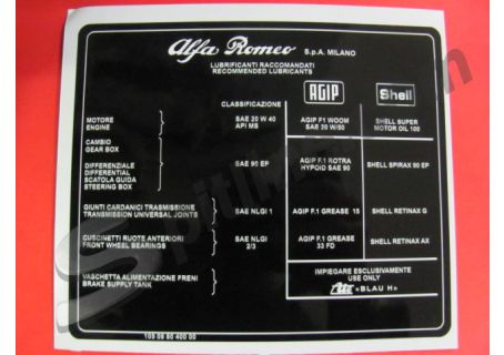 Adesivo lubrificanti Alfa Romeo GT Junior 1300, GT V. 2000 Bertone, Giulia Super 1300, Duetto Spider 1300 Junior, Spider 2000 Veloce - ecc.
