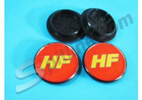Serie 4 borchiette coprimozzo (diam. esterno mm 55) per cerchi ruota con logo HF per Lancia