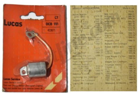 Condensatore Lucas DCB181 (423871) per Aston Martin, Austin, Daimler, Ford, Hilman, Humber, Innocenti, Jaguar, Lotus, MG, Mini, Morris, Rover, Triumph 