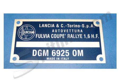 Targhetta identificativa dati Lancia Fulvia Coupè Rallye 1,6 HF Fanalone - DGM 6925 OM