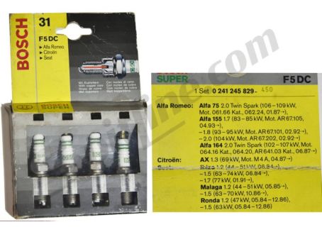 Serie 4 candele Bosch Super F5DC Alfa Romeo 75 2.0 Twin Spark, 155 1.7/1.8/2.0, 164 2.0 Twin Spark