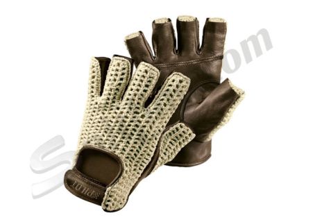 Coppia guanti mezze dita in pelle color marrone e filo di cotone (taglia M)