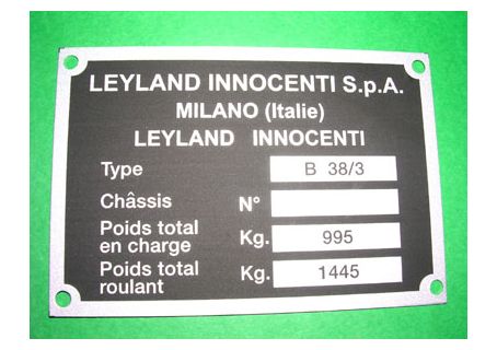 Targhetta identificativa Leyland Innocenti Type B 38/3 Mini Matic (automatica)