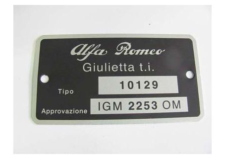 Targhetta identificativa dati Alfa Romeo Giulietta t.i. (Tipo 10129)