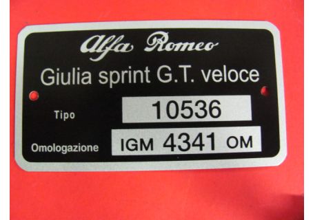 Targhetta identificativa dati Alfa Romeo Giulia Sprint G.T. veloce (Tipo 10536 Omologazione IGM 4341 OM)