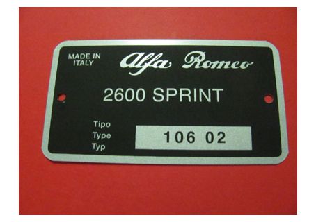 Targhetta identificativa dati Alfa Romeo 2600 Sprint (tipo 10602)