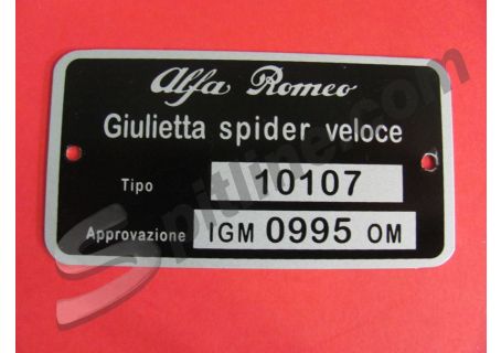 Targhetta identificativa dati Alfa Romeo Giulietta Spider Veloce Tipo 10107  IGM0995 OM