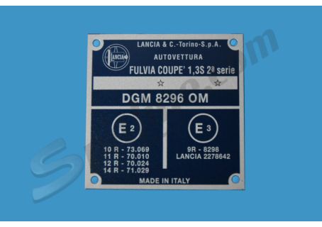 Targhetta identificativa dati Lancia Fulvia Coupè 1,3S 2^ serie, Fulvia Montecarlo, Fulvia Coupè 3^ serie