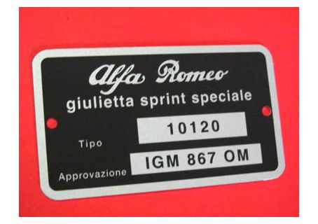 Targhetta identificativa dati Giulietta Sprint Speciale (Tipo 10120)