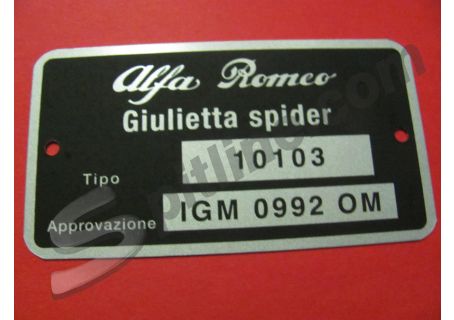 Targhetta identificativa dati Alfa Romeo Giulietta Spider ('59→) Tipo 10103
