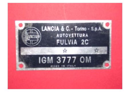 Targhetta identificativa dati per vano motore Lancia Fulvia 2C (IGM 3777 OM)