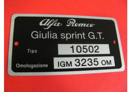 Targhetta identificativa dati Alfa Romeo Giulia Sprint GT (Tipo 105.02)