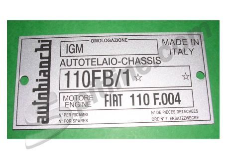 Targhetta identificativa dati Autobianchi Bianchina Berlina Special ('65-'69) 110FB/1