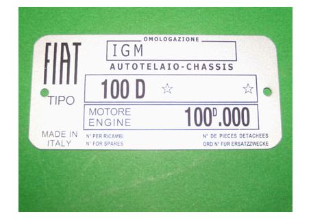 Targhetta identificativa dati Fiat 600D (Tipo 100D Motore 110D.000)