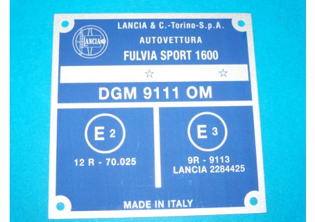 Targhetta identificativa dati Lancia Fulvia Sport Zagato 1600 cc.
