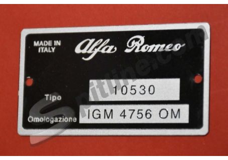 Targhetta identificativa dati Alfa Romeo GT Junior 1300 Tipo 10530 - Omologazione IGM 4756 OM