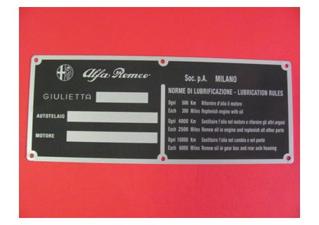 Targa norme di lubrificazione per vano motore Alfa Romeo Giulietta Spider, Sprint, TI, SS