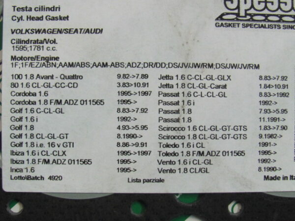 Guarnizione testa cilindri Spesso 21116/7620 Volkswagen Golf 1.6/1.8 ('89-'92), 1.6i ('92-), 1.8 ('93-'95), 1.8 CL/GL/GT ('90-), 1.8 i.e. 16V GTI ('86-'91), ecc.