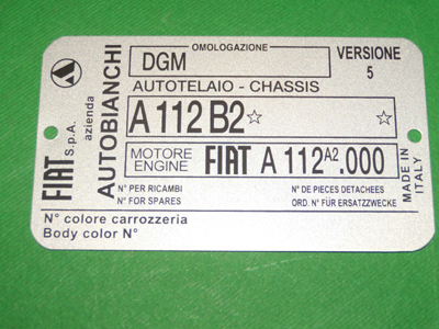 Targhetta identificativa dati Autobianchi A112 Abarth 5^ serie (solo 1979) Telaio A112B2 Motore Fiat A112 A2.000