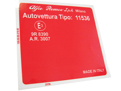 Adesivo per vano motore Alfa Romeo 2000 Berlina (Tipo 11536)