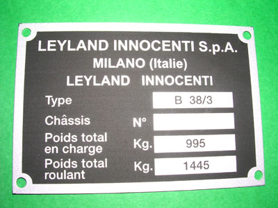 Targhetta identificativa Leyland Innocenti Type B 38/3 Mini Matic (automatica)