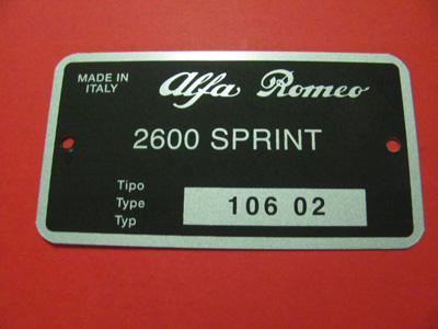 Targhetta identificativa dati Alfa Romeo 2600 Sprint (tipo 10602)