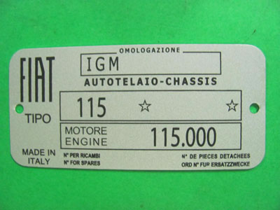 Targhetta identificativa dati Fiat 1500 Berlina