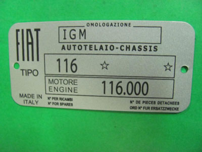 Targhetta identificativa dati Fiat 1300 (mot. 116.000)