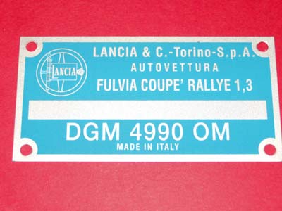 Targhetta identificativa dati Lancia Fulvia Coupé Rallye 1,3