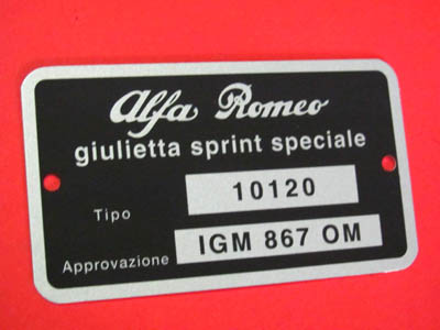 Targhetta identificativa dati Giulietta Sprint Speciale (Tipo 10120)