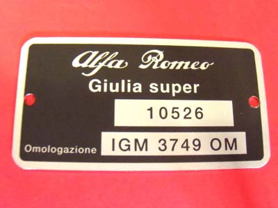 Targhetta identificativa dati Alfa Romeo Giulia Super 10526 IGM 3749 OM