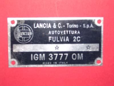 Targhetta identificativa dati per vano motore Lancia Fulvia 2C (IGM 3777 OM)