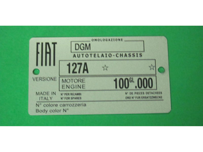 Targhetta identificativa dati Fiat 127 1^ serie (autotelaio 127A, motore 100GL.000)