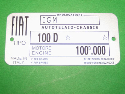 Targhetta identificativa dati Fiat 600D (Tipo 100D Motore 110D.000)