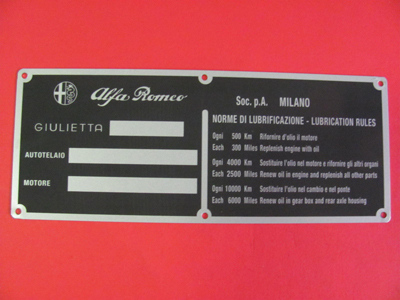 Targa norme di lubrificazione per vano motore Alfa Romeo Giulietta Spider, Sprint, TI, SS