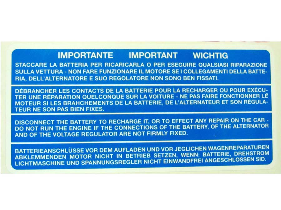 Adesivo avvertenze batteria per vano motore Lancia Fulvia 5 marce