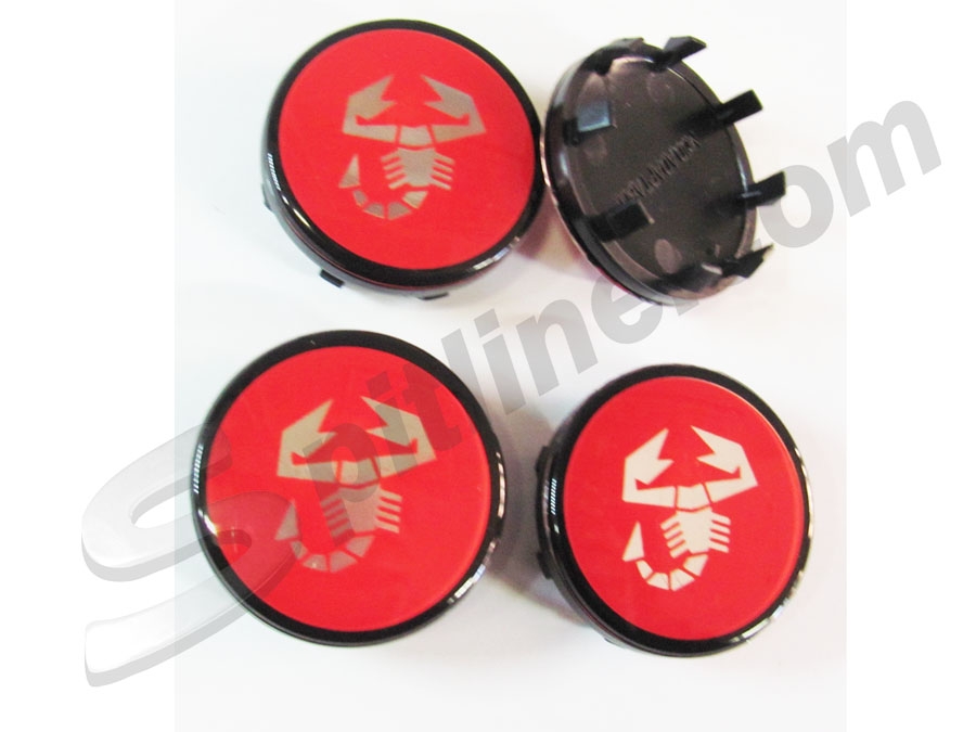Serie 4 borchiette coprimozzo fondo rosso (diam. esterno mm 50) per cerchi ruota logo Abarth