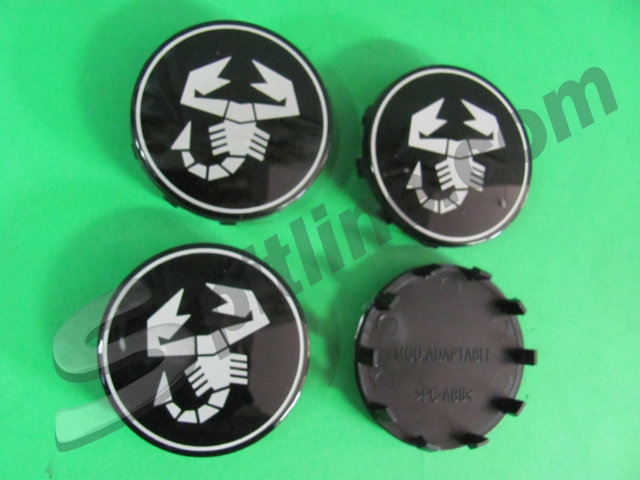 Serie 4 borchiette coprimozzo fondo nero (diam. esterno mm 60) per cerchi ruota con logo Abarth