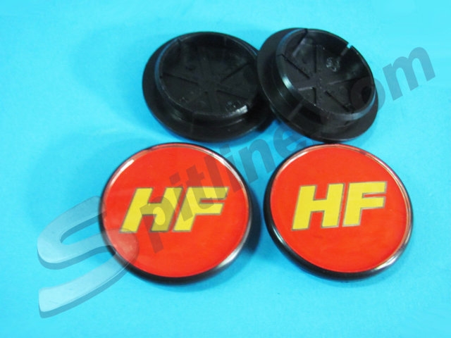 Serie 4 borchiette coprimozzo (diam. esterno mm 55) per cerchi ruota con logo HF per Lancia