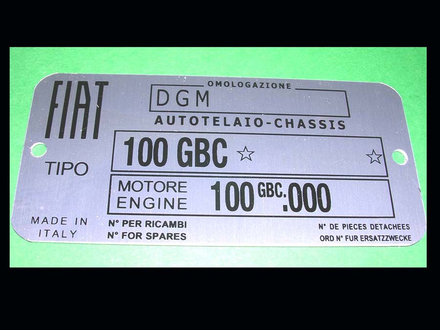 Targhetta identificativa dati Fiat 850 Sport Coupè ('68-'71) tipo 100 GBC