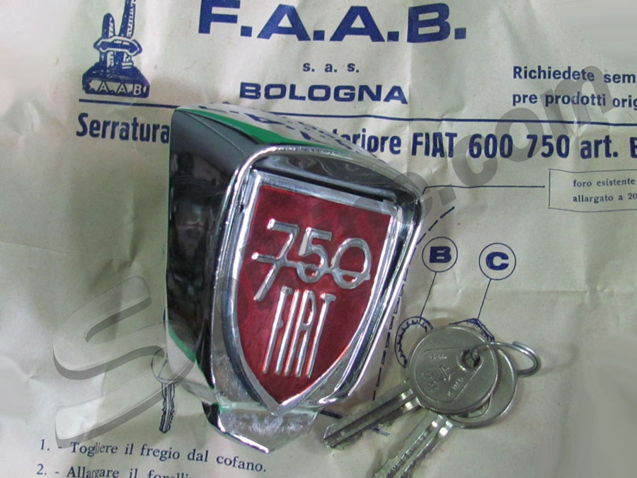 Serratura con chiavi per cofano anteriore con scritta 750 per Fiat 600-750