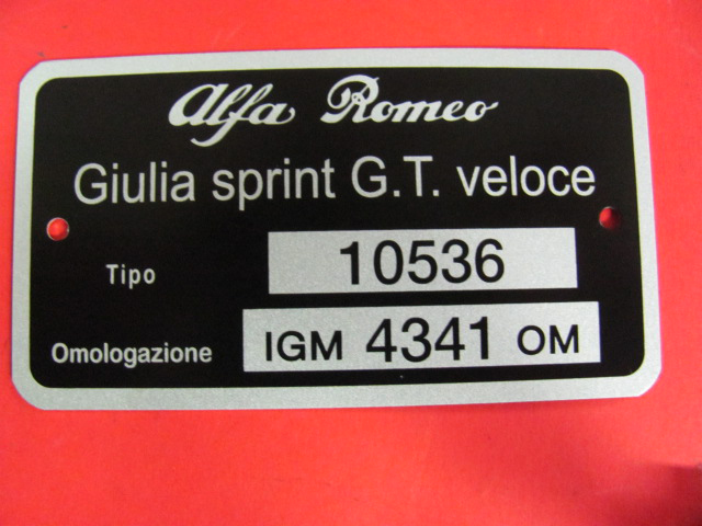 Targhetta identificativa dati Alfa Romeo Giulia Sprint G.T. veloce (Tipo 10536 Omologazione IGM 4341 OM)