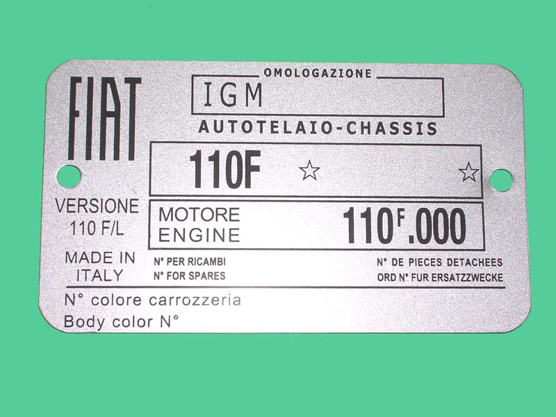 Targhetta metallica identificativa dati Fiat 500F/L
