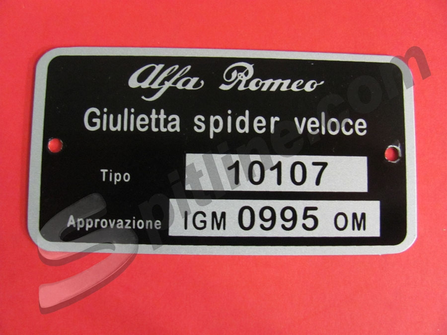 Targhetta identificativa dati Alfa Romeo Giulietta Spider Veloce Tipo 10107  IGM0995 OM