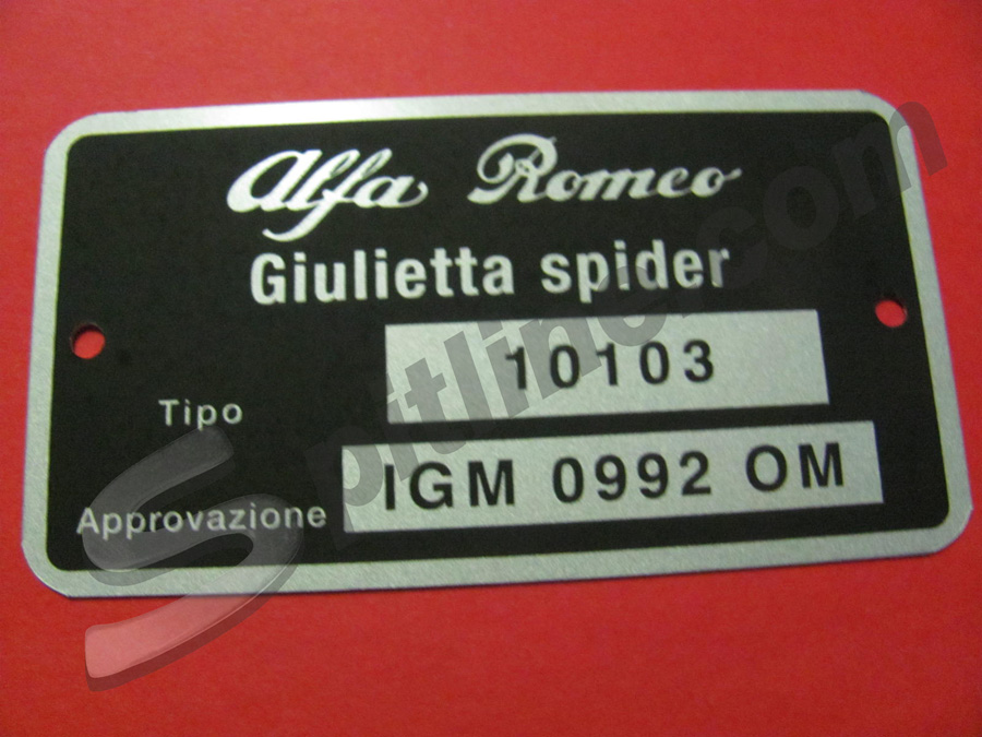 Targhetta identificativa dati Alfa Romeo Giulietta Spider ('59→) Tipo 10103