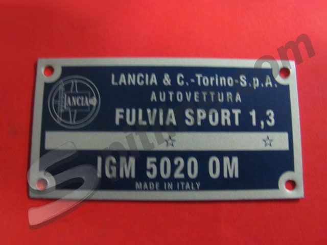 Targhetta identificativa dati Lancia Fulvia Sport 1,3 IGM 5020 OM ('67-'69)