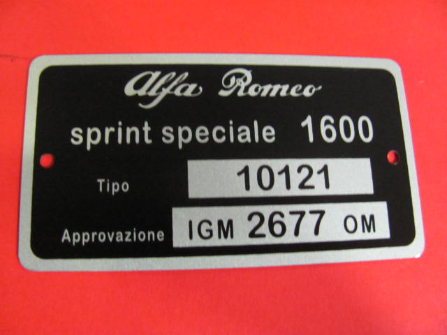 Targhetta identificativa dati Alfa Romeo Giulia Sprint Speciale 1600 (Tipo 10121)