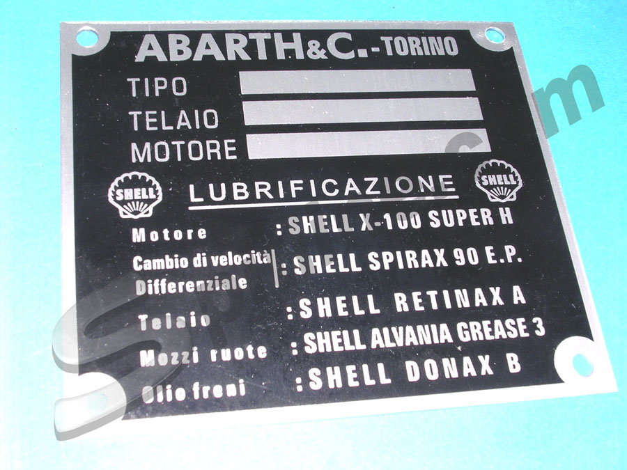 Targhetta riassuntiva dati Abarth & C. - Torino per Fiat Abarth 1000